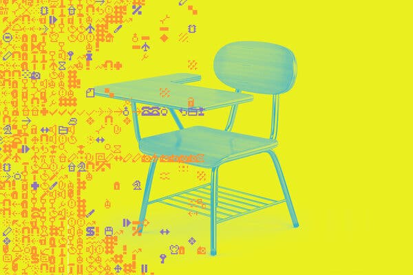 An illustration of a blue student’s chair against a yellow background with digital characters that look like computer code on one side.