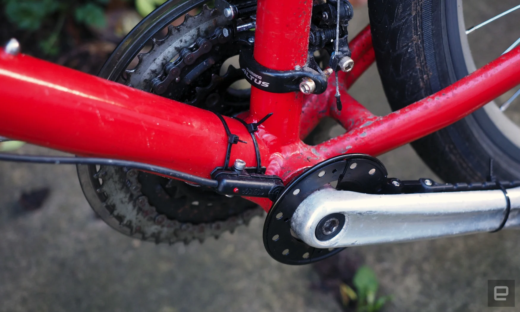 Image of the Hall effect sensor and magnet wheel attached to my crank arm, which I'm 99 percent sure is installed wrong.