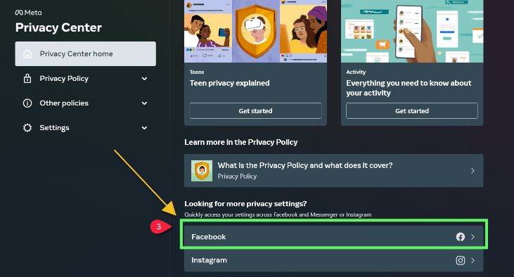 Choose Facebook from Privacy Center