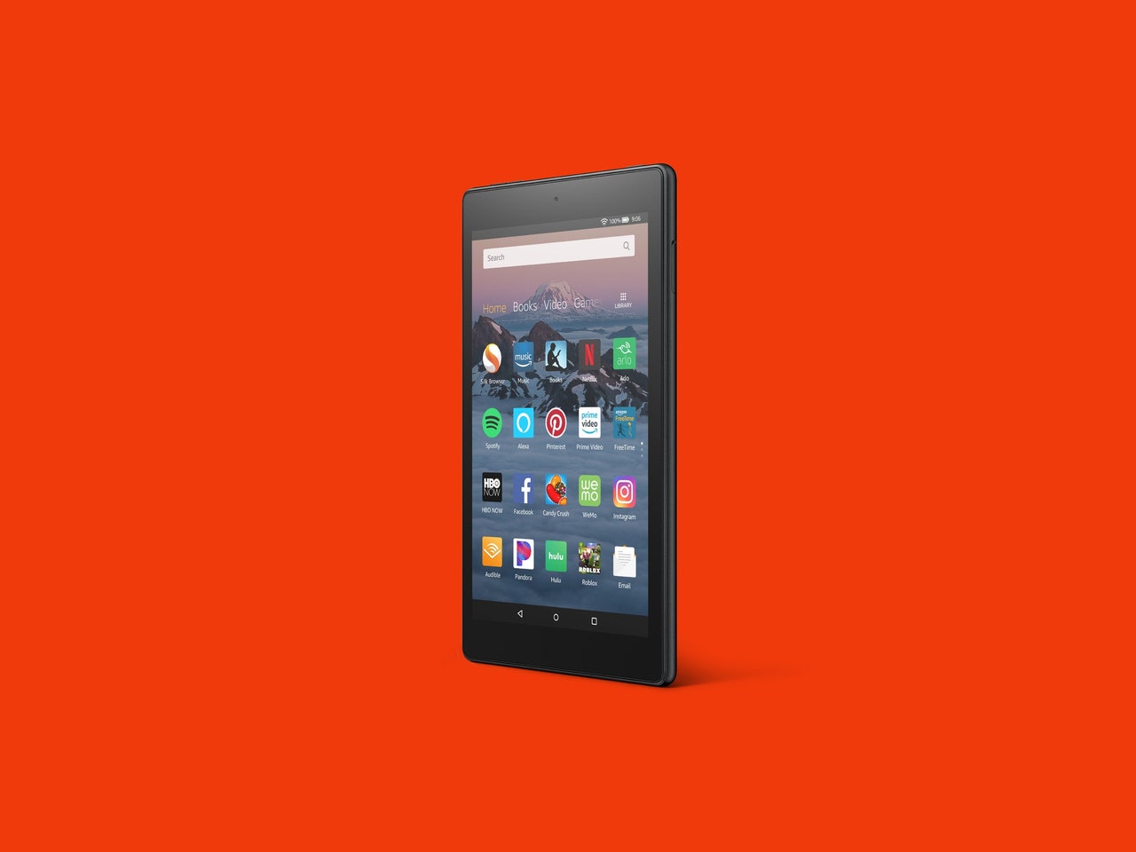 Amazon Fire HD 8 tablet on red backdrop