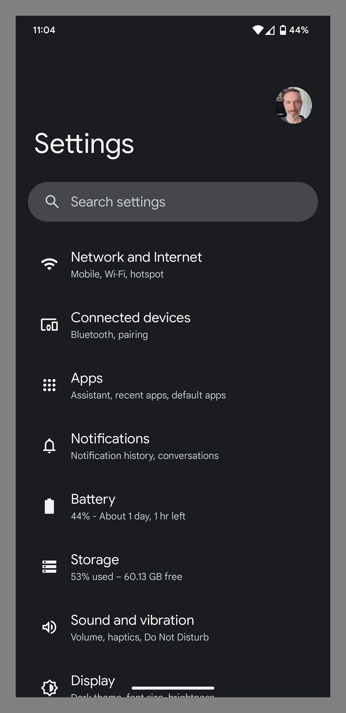 Screenshot of Google pixel settings menu