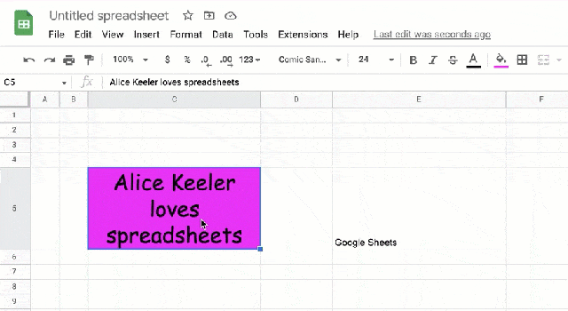 animated GIF of a cell in C5 that says ALice Keeler loves spreadsheets with the font large, comic sans and a pink background. Clicking on the paint roller and then clicking on another cell that says Google Sheets the same formatting options are applied to that cell. 