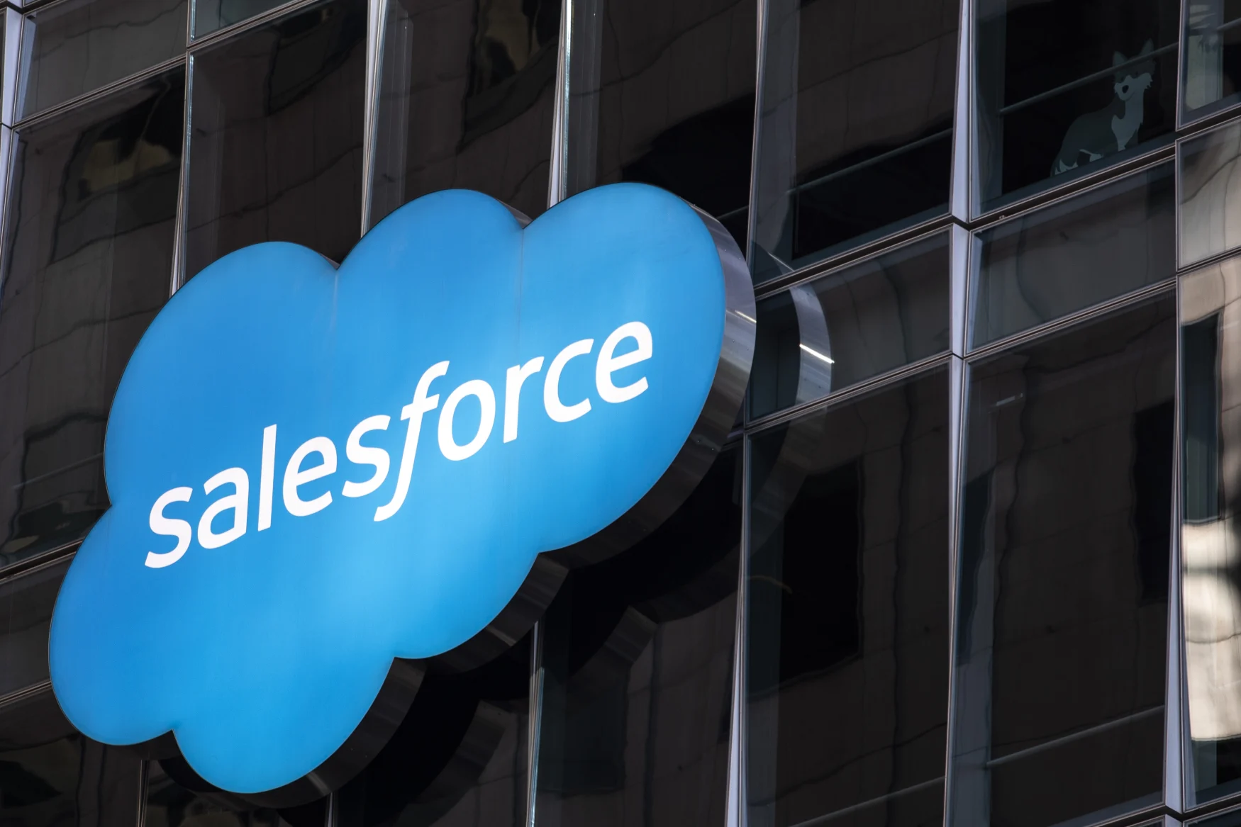 SAN FRANCISCO, CA - DECEMBER 01: The Salesforce logo is seen at its headquarters on December 1, 2020 in San Francisco, California. The cloud-based enterprise software company announced on Tuesday that it will purchase the popular workplace-chat app Slack for $27.7 billion. (Photo by Stephen Lam/Getty Images)