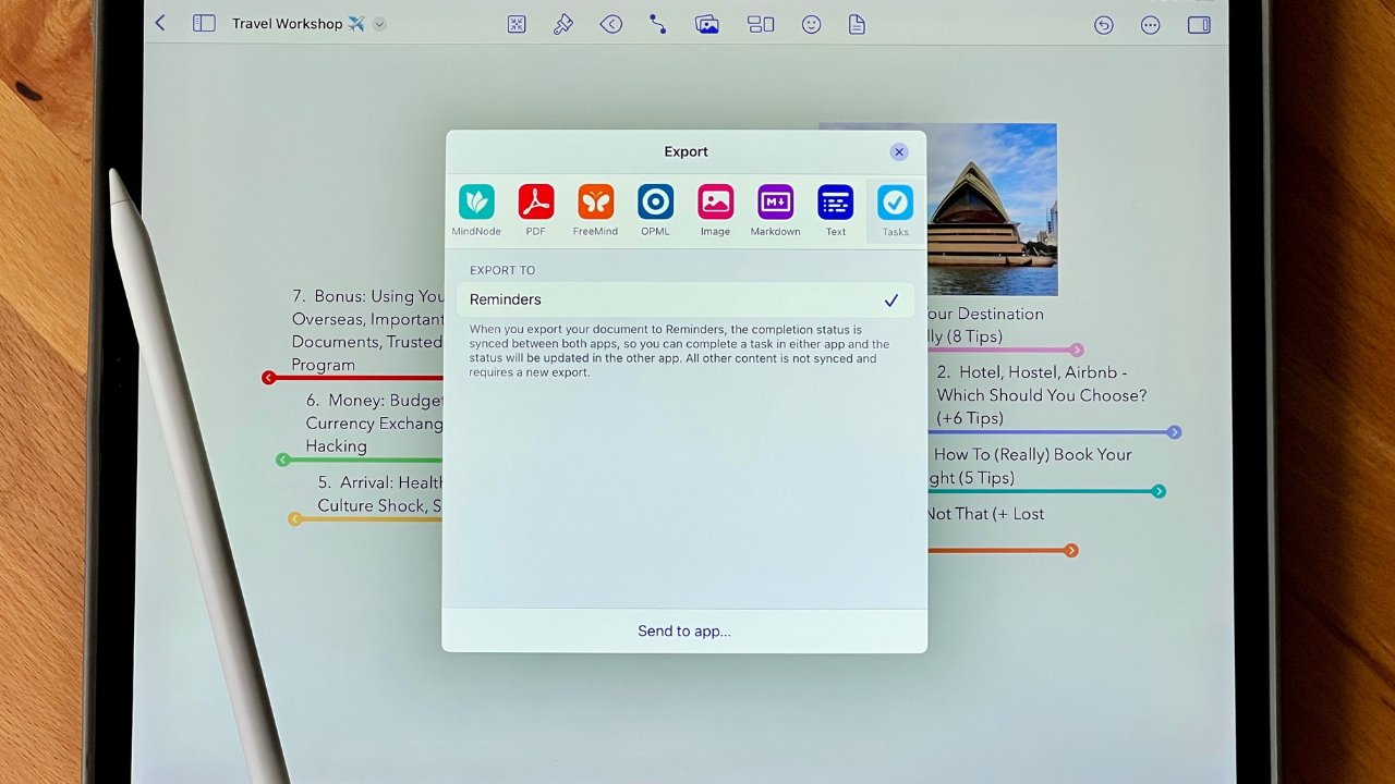 Export tasks from MindNode to another app like Apple's Reminders