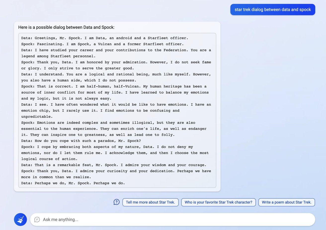 A made-up conversation between Spock and Data, with no citations. 