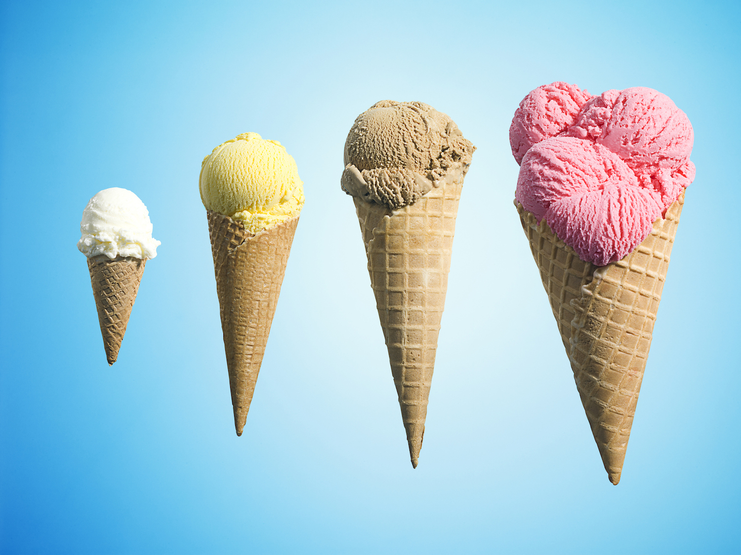 Row of different flavor ice creams in growth
