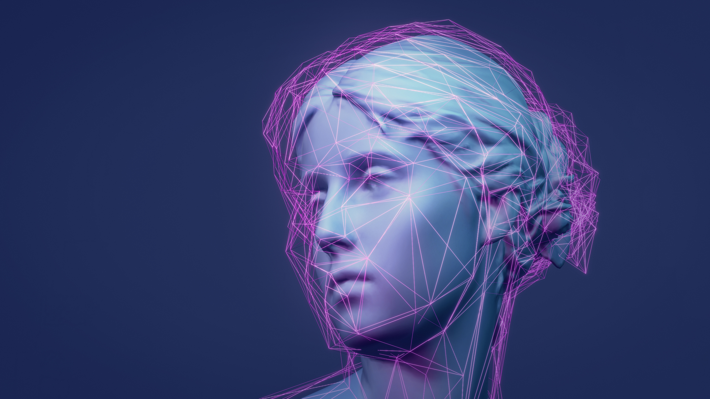 3D rendered classic sculpture Metaverse avatar with network of low-poly glowing purple lines. Machine learning and artificial intelligence concept. Animated 3D NFT artwork example. Web 3.0 technology background.