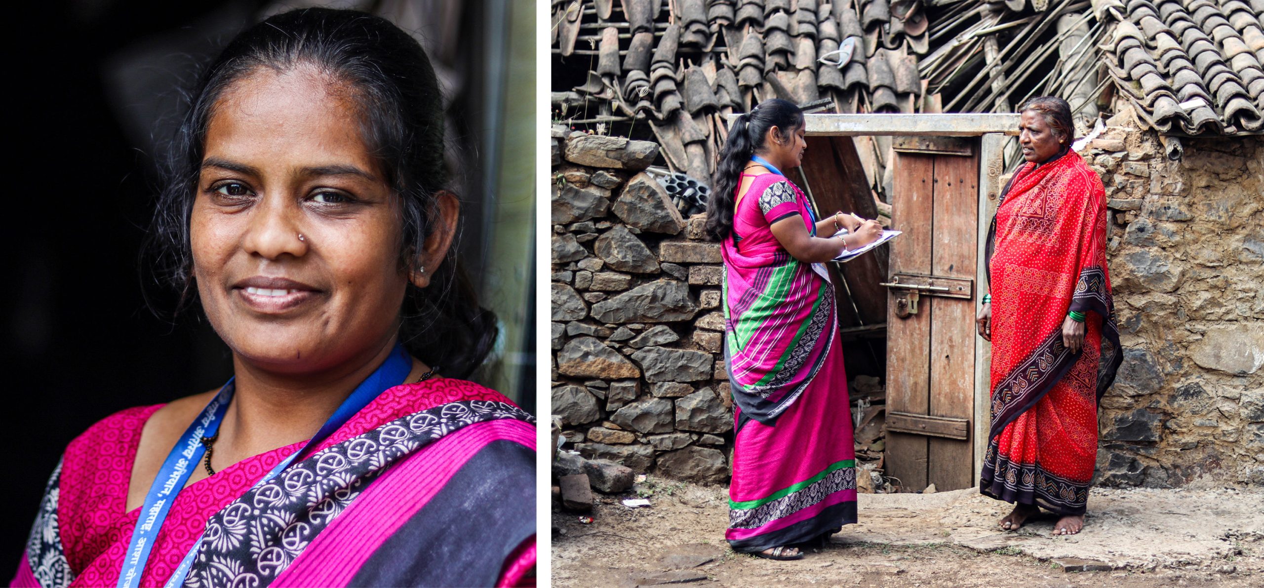 Suraiyya Terdale portrait (left) and speaking with a community member (right)