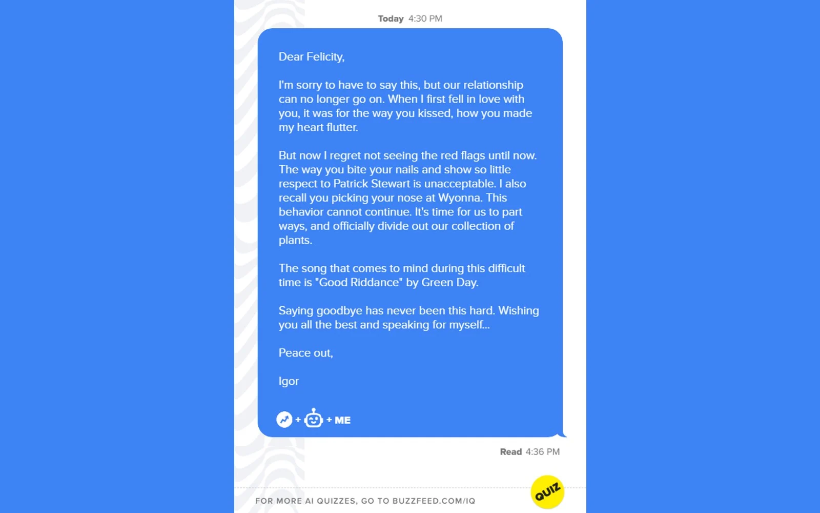 A screenshot of the breakup text BuzzFeed's AI created.