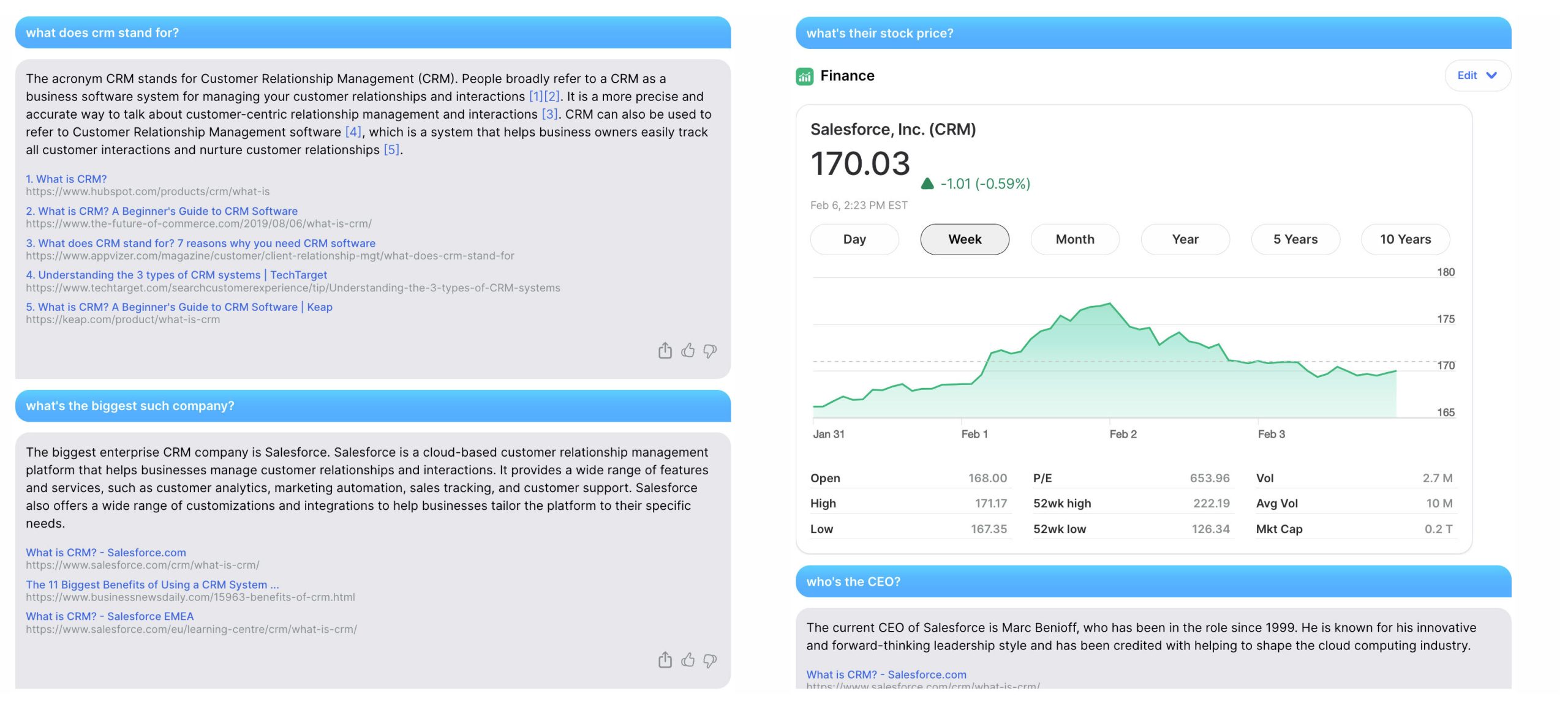 You.com search involving CRM vendors, displaying a stock chart as part of the results.