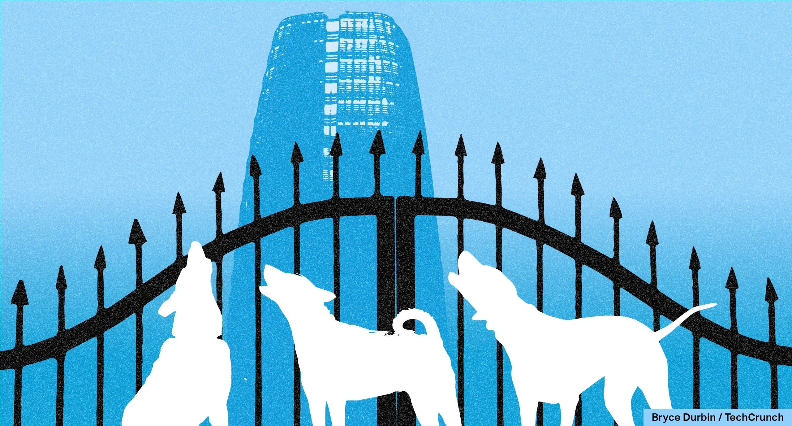 Cartoon of hounds baying outside Salesforce Tower.