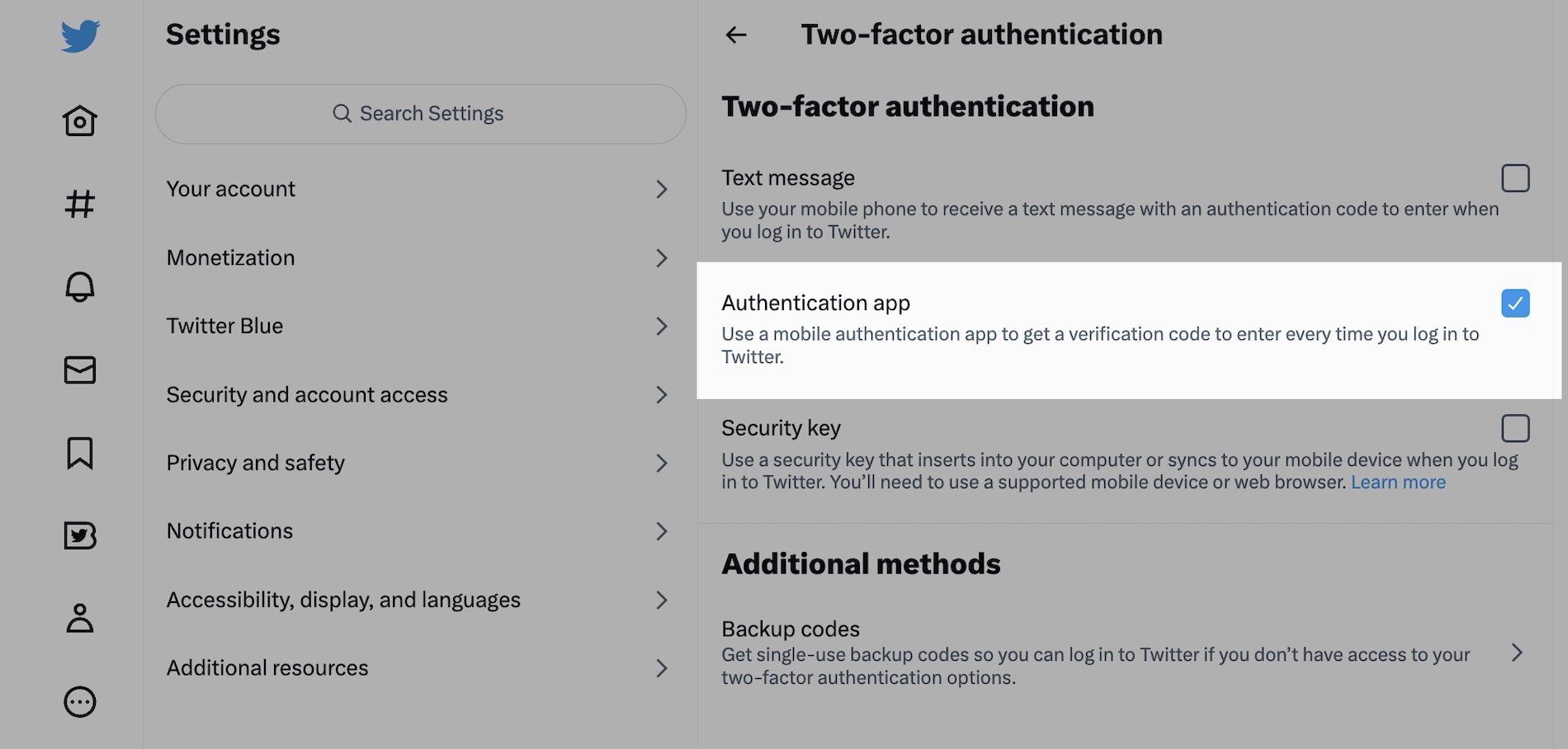 a screenshot of Twitter's two-factor authentication settings