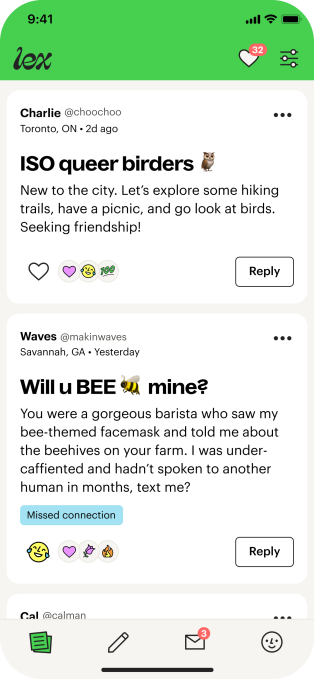 A screenshot of the new Lex design, which features a large green bar two posts. The first is titled, 'ISO queer birders" and the second reads, "Will you BEE mine?"