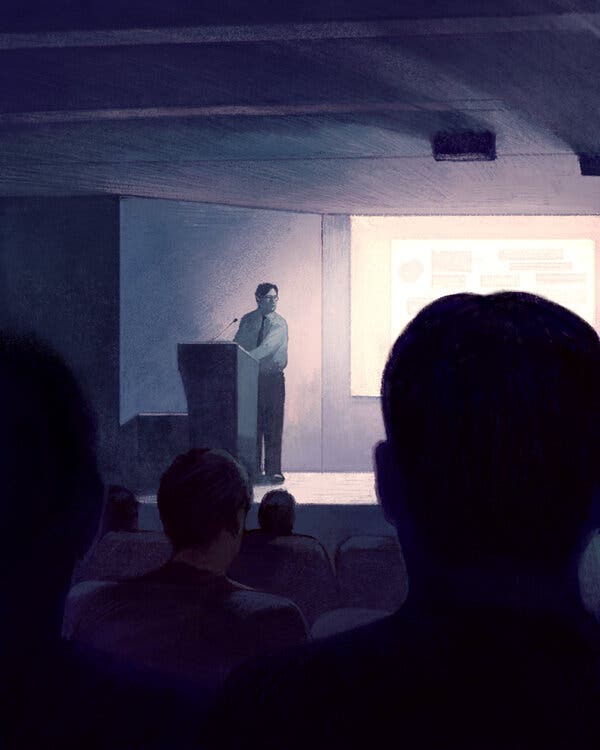 An illustration with a man in a tie at a podium giving a lecture.