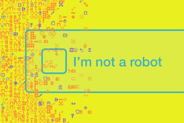 A yellow illustration with orange and purple computer symbols on the left, and the words “I’m not a robot” written in blue, with an empty check box, in the middle.