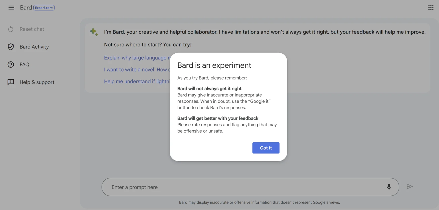A screenshot showing Google's Bard AI chatbot, with a small window on top of the page saying