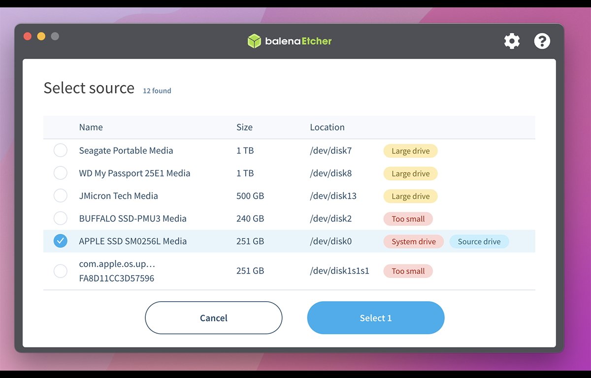 Screenshot of source selection menu in Balena Etcher