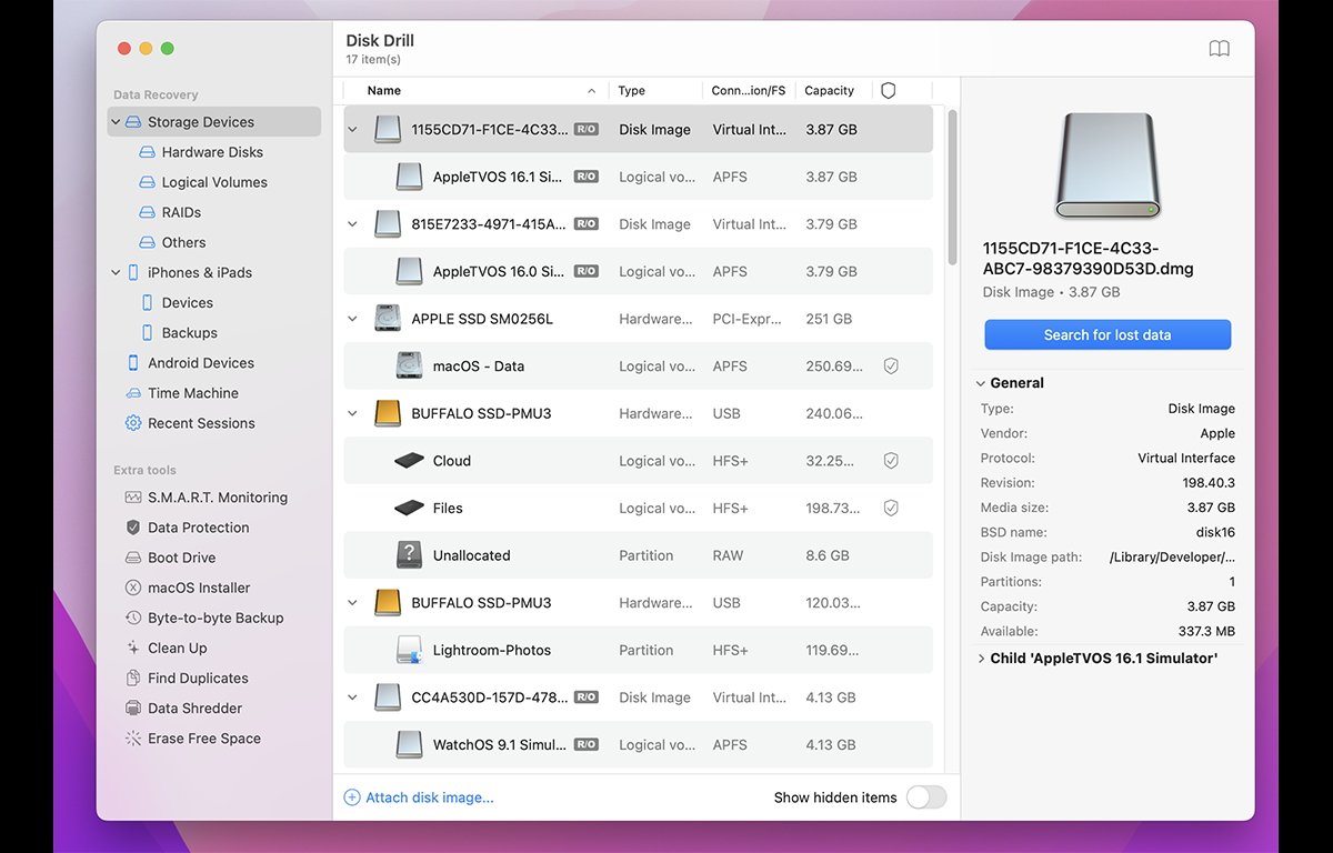 Screenshot of storage devices in Disk Drill