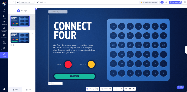 Genially template for connect four. The tooltips in each circle ask the students to answer a question correctly to be able to place their chip.