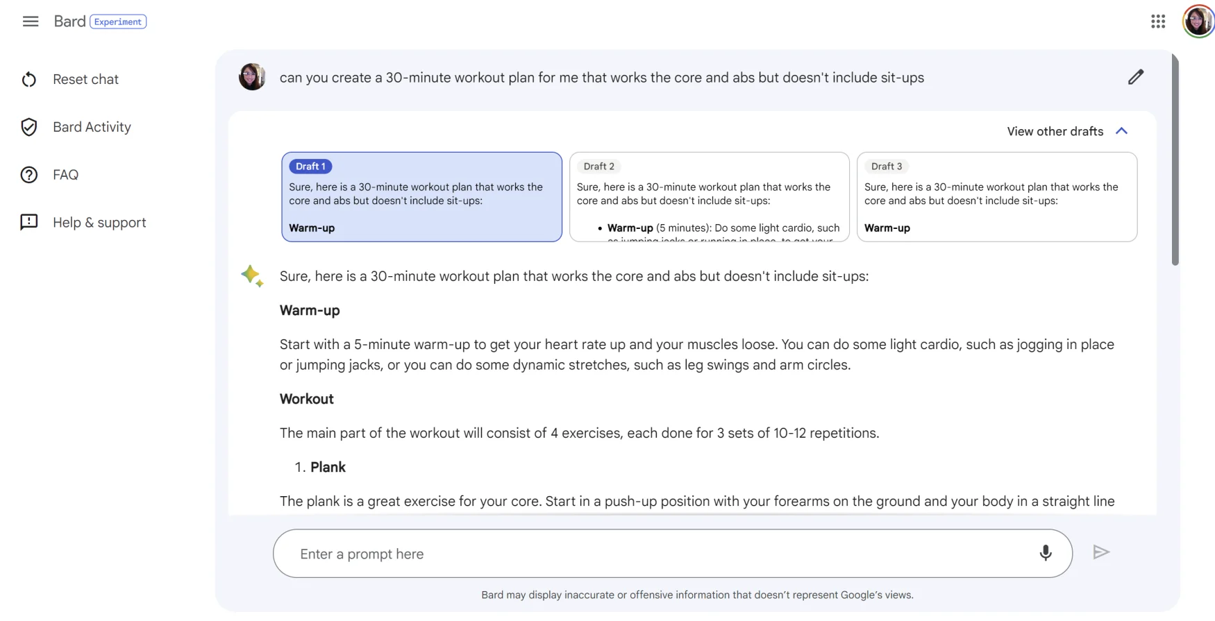 A screenshot showing Google's Bard AI chatbot responding to a query saying