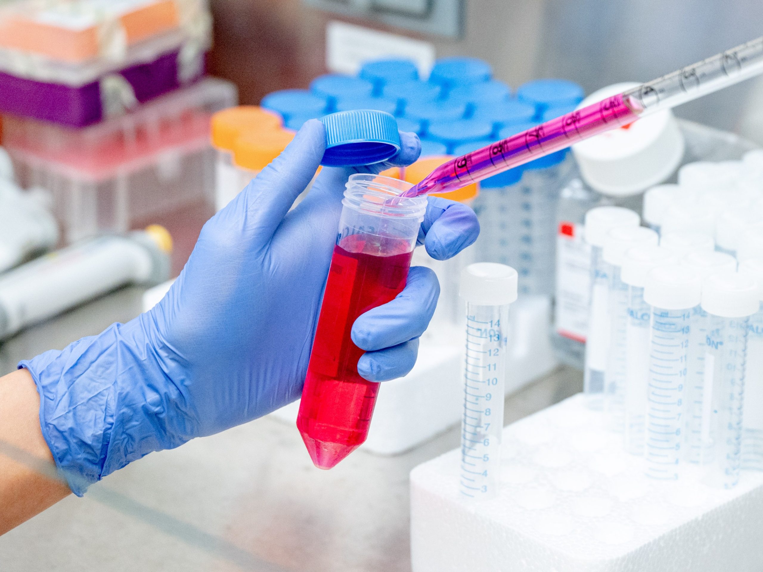 a gloved hand adds red liquid to a large test tube with a pipette