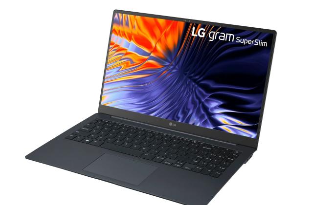 A press image of the LG Gram SuperSlim laptop in black, sitting open against a white background.