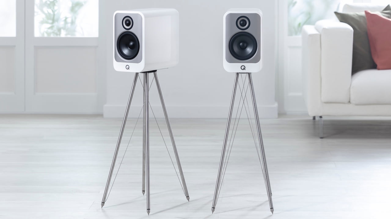 Q Acoustics Concept 30 Loudspeaker Pair on stands in white with grille on