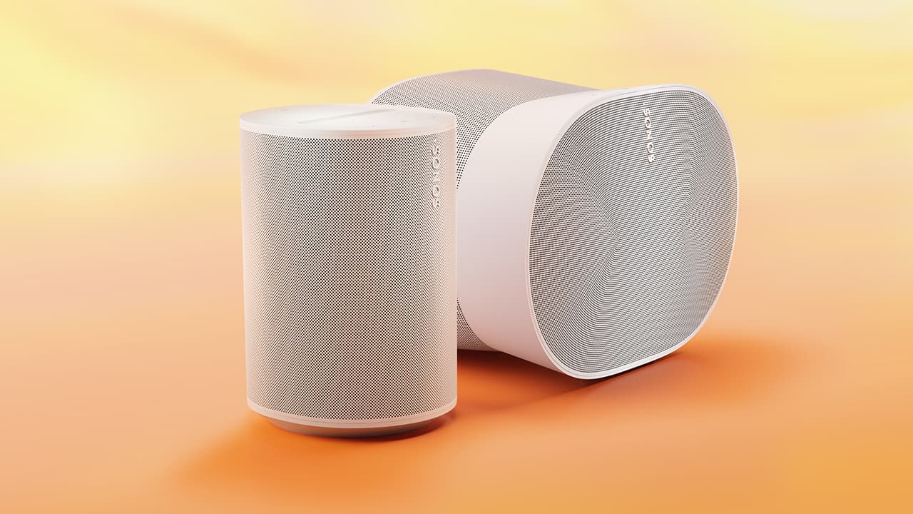 Sonos Era 100 (left) and Era 300 (right) Wireless Loudspeakers in White