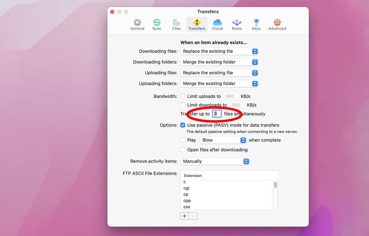 Set the max number of file transfers in Transmit's Settings.