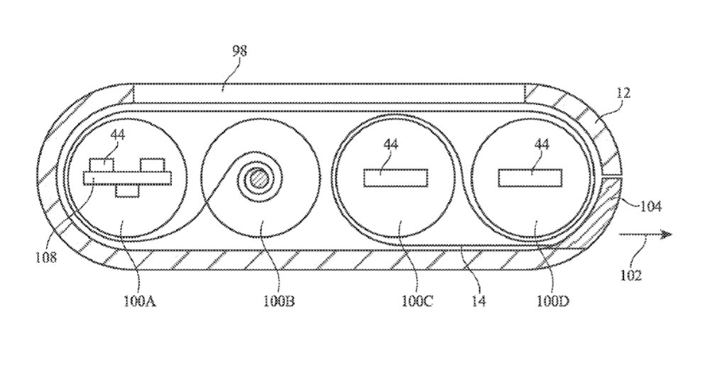 Cross-section of an unspecified device containing a rolled-up screen