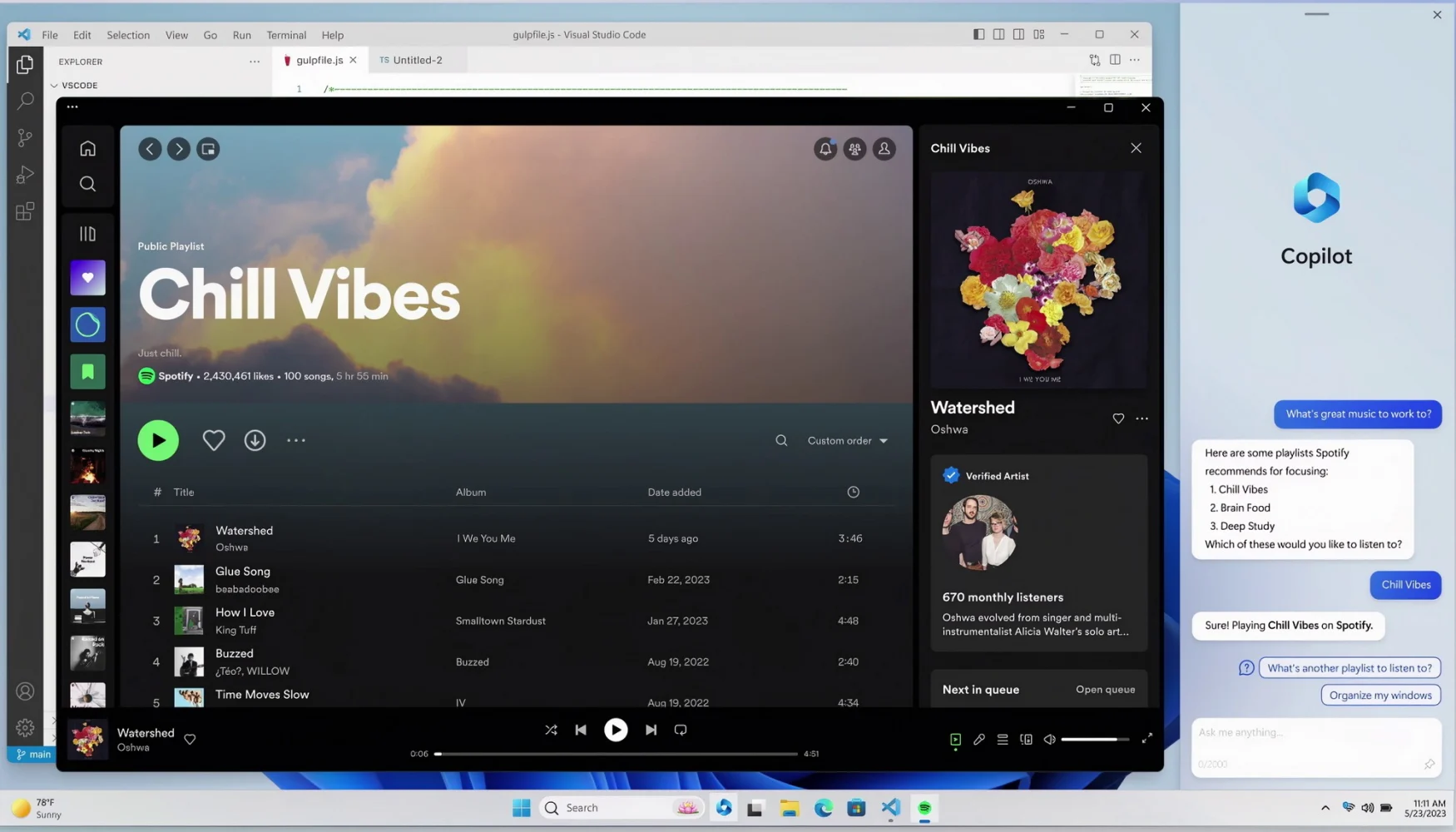 Windows Copilot choosing music in Spotify