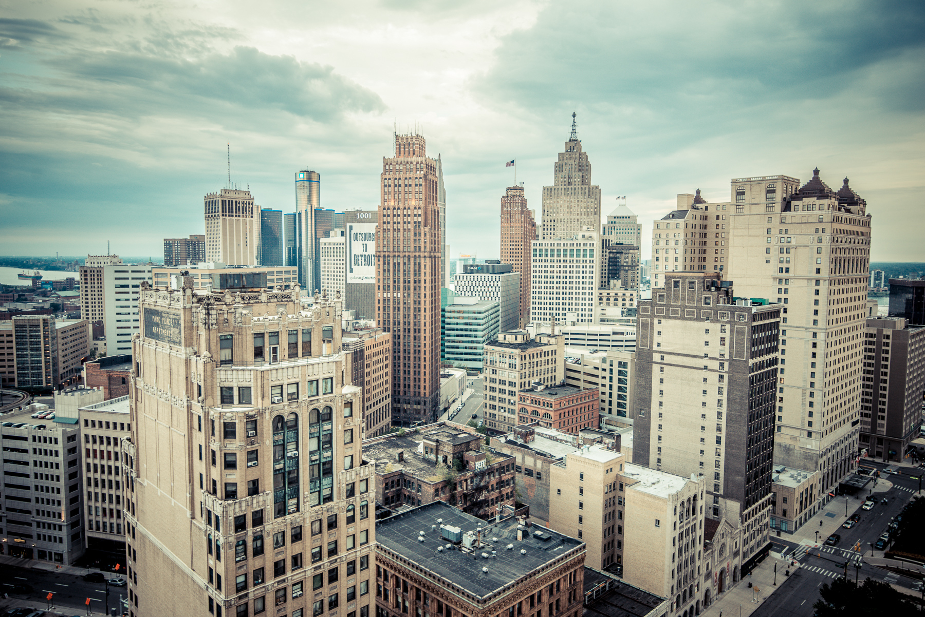 High Angle Shot Of Detroit Cityscape Against Clouds