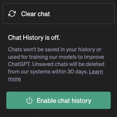 ChatGPT chat history enable button