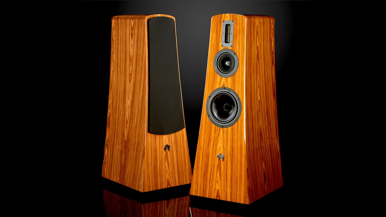 Alta Audio Adam Loudspeakers in Rosewood Front Angle with and without grille