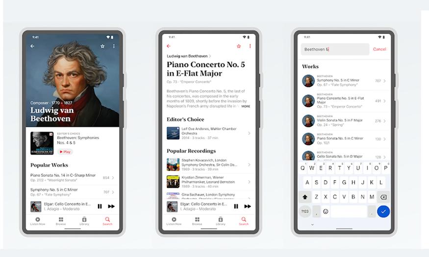 Three screenshots from Apple Music Classical framed inside Android phones. The first one shows Beethoven's face with his popular works. Another shows Piano Concerto No. 5 in E-Flat Major, while the final one shows a list of Beethoven's works.