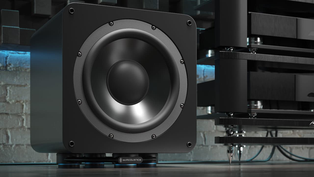 IsoAcoustics Aperta Sub XL isolator under subwoofer