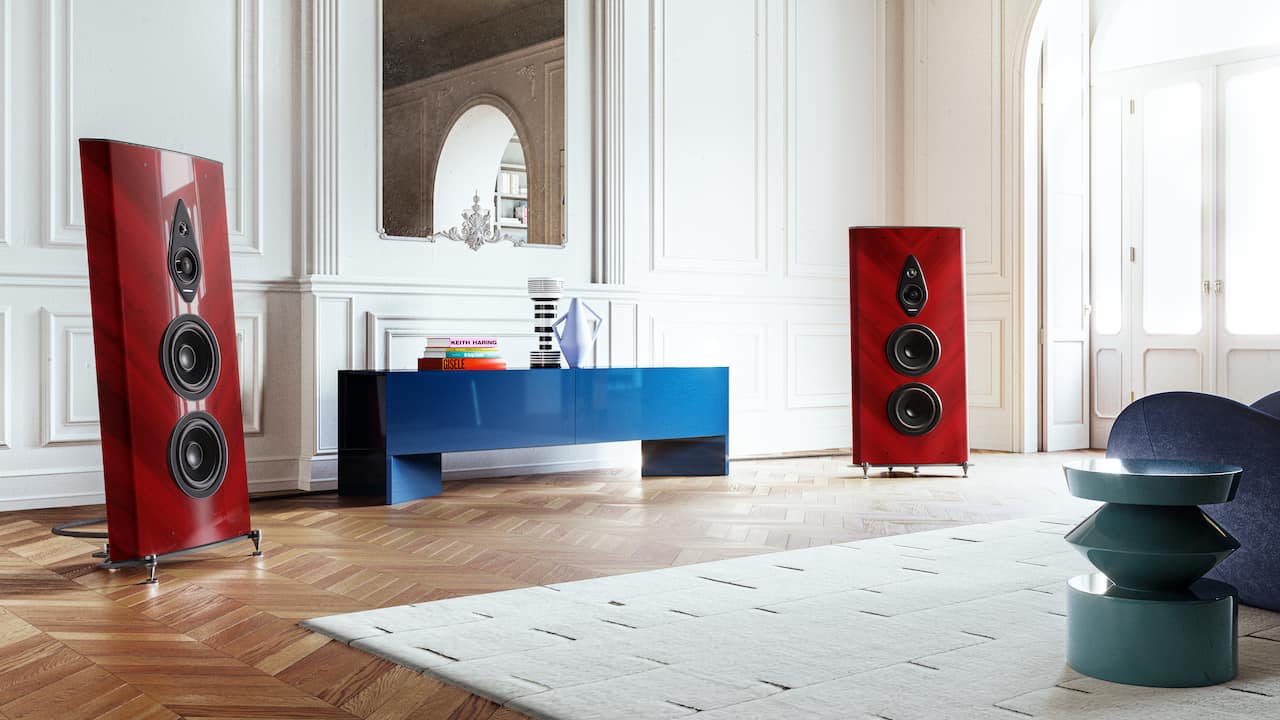 Sonus faber Stradivari Loudspeakers red pair lifestyle