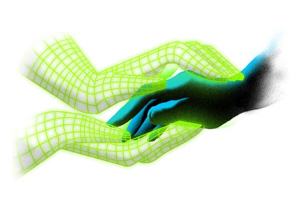 An artist’s illustration of two computer graphic green-yellow hands holding a human hand in shadow.