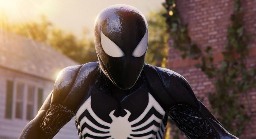 Peter Parker wearing the Symbiote suit in Marvel's Spider-Man 2.