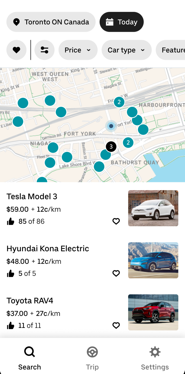 Uber Carshare: Borrower's screen