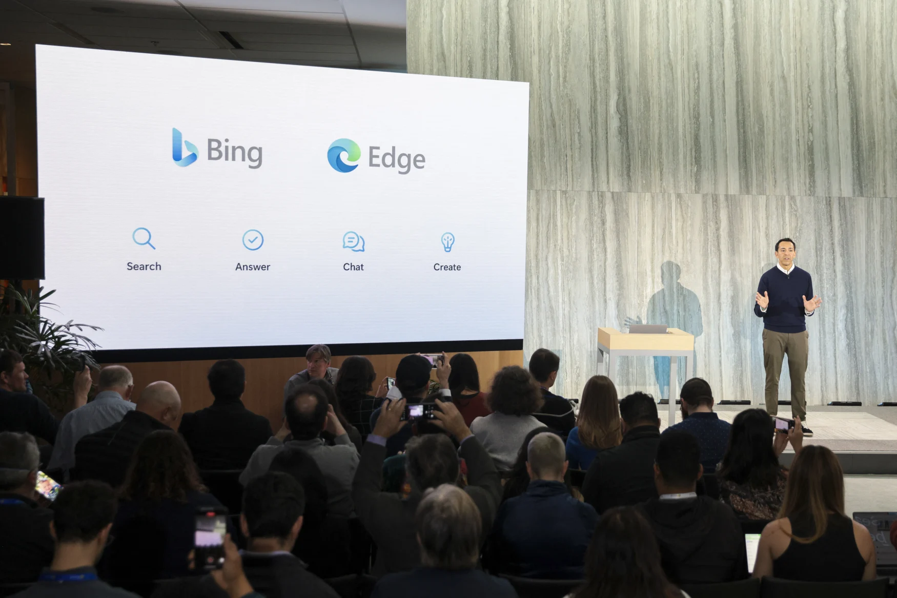 Yusuf Mehdi, Microsoft Corporate Vice President of Modern Life, Search, and Devices, speaks during a keynote address announcing ChatGPT integration for Bing at Microsoft in Redmond, Washington, on February 7, 2023. - Microsoft's long-struggling Bing search engine will integrate the powerful capabilities of language-based artificial intelligence, CEO Satya Nadella said, declaring what he called a new era for online search. (Photo by Jason Redmond / AFP) (Photo by JASON REDMOND/AFP via Getty Images)