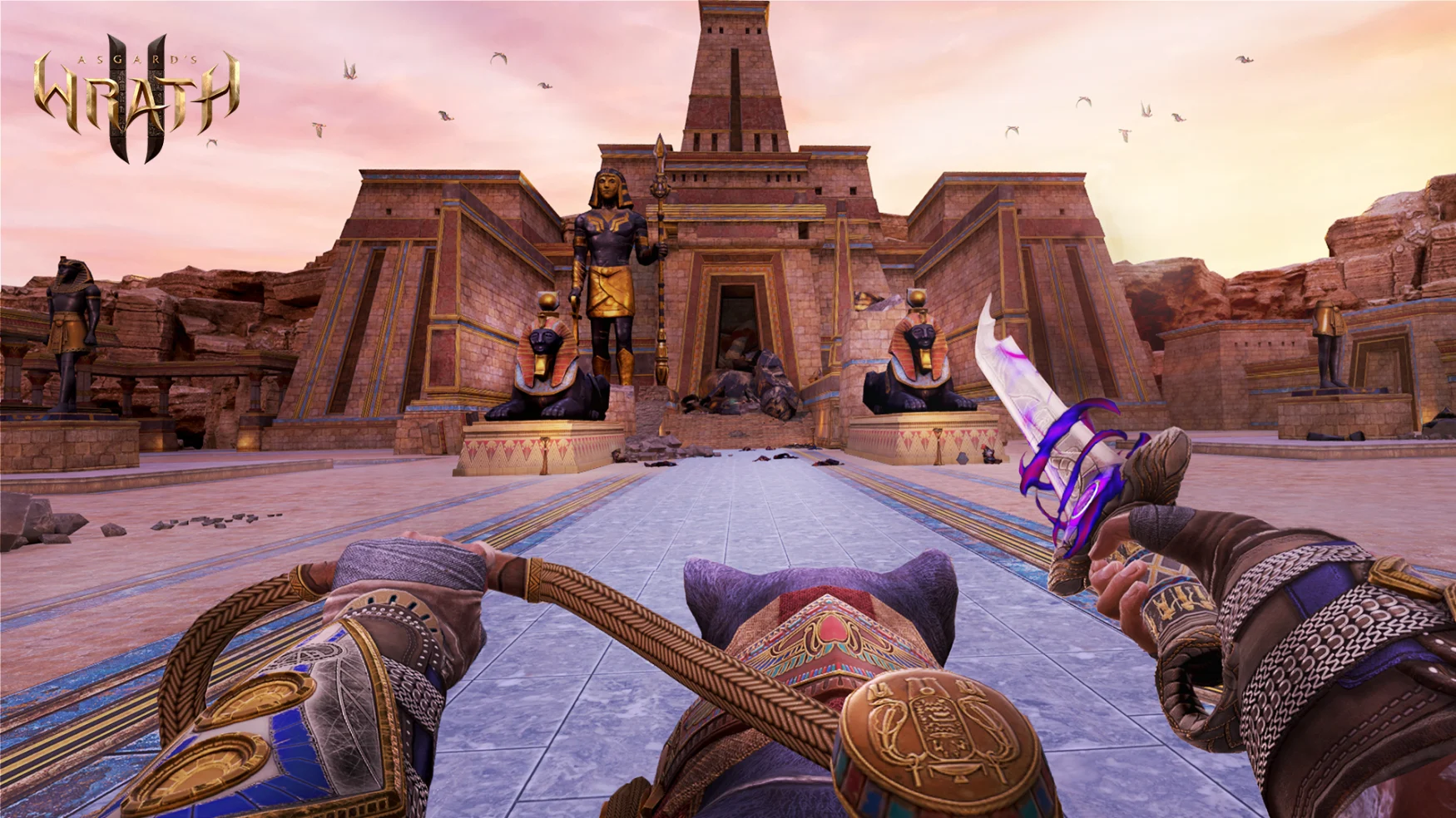 A screenshot of Asgard's Wrath 2 from a first-person perspective. One of the player character's hands is holding a leash for a panther, on which they are riding. The other had is pointing a sword toward an ancient Egyptian temple.