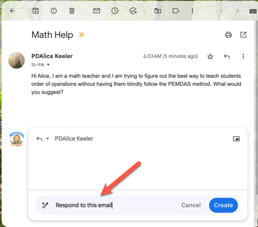 Screenshot of email with a "Respond to this email" as the prompt for Bard.  This is one of the Ways Google Bard is Better than ChatGPT