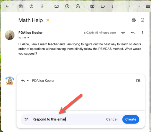 Screenshot of email with a "Respond to this email" as the prompt for Bard. This is one of the Ways Google Bard is Better than ChatGPT
