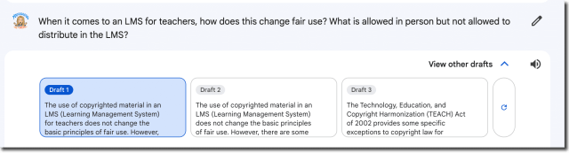 Screenshot of Google Bard 3 other drafts. There are 3 bubbles to choose from.