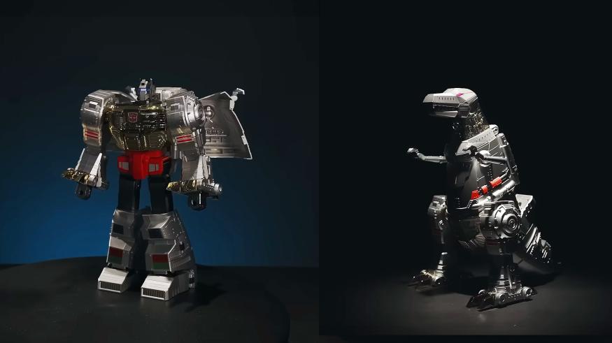 Split-screen marketing photo of Robosen’s Grimlock Transformers toy. The robot stands on the left and the dinosaur form on the right. They're in front of a dark, black / blue background.