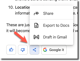 Screenshot from Google Bard with the share icon that looks like 3 dots connected together. Choose the share option of Export to Docs. 