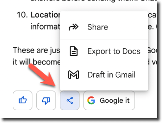 Screenshot from Google Bard with the share icon that looks like 3 dots connected together. Choose the share option of Export to Docs.