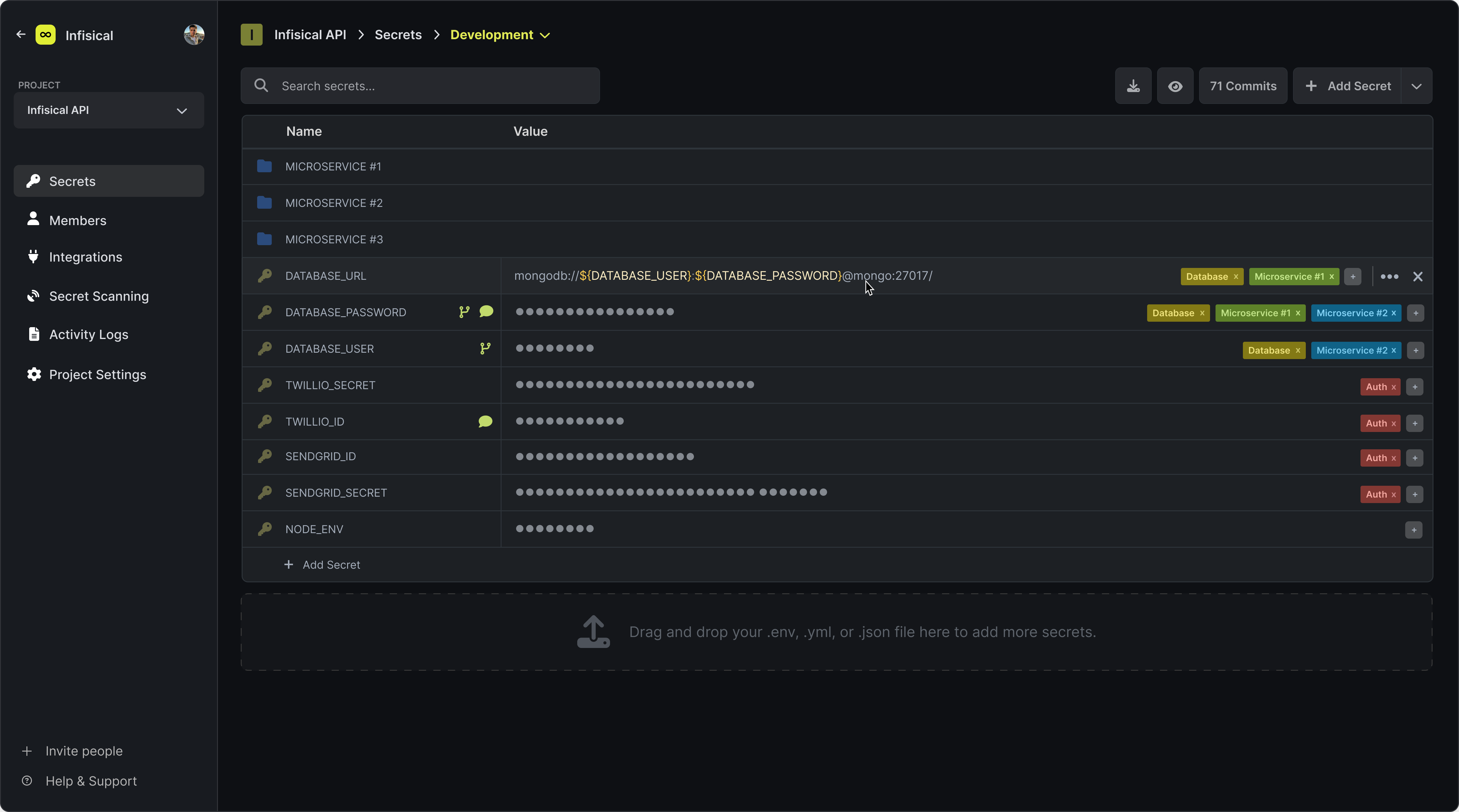 Infisical dashboard