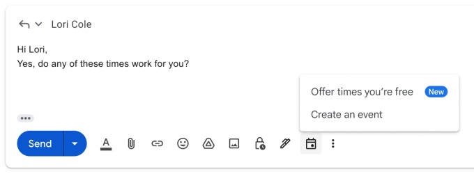Offer times you’re free or create an event from Gmail